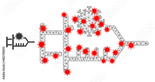 Network virus inoculation with infection style. Polygonal wireframe virus inoculation image in low poly style with combined linear items and red infectious centers.