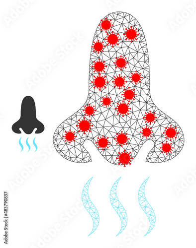 Mesh snuff with outbreak style. Mesh wireframe snuff image in low poly style with combined lines and red virus nodes. Vector structure is created from snuff with infectious nodes.