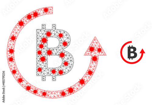 Polygonal bitcoin refund with lockdown style. Mesh wireframe bitcoin refund image in lowpoly style with combined linear items and red virus items.