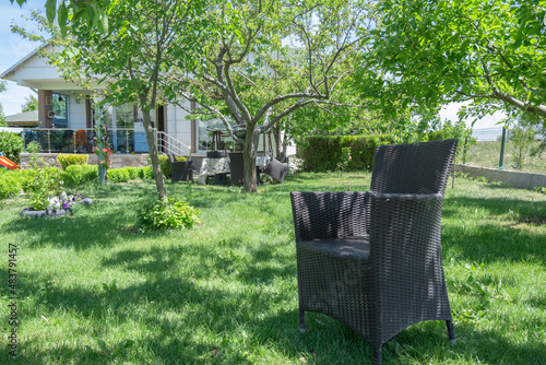 Dark garden chair on the lawn in the vineyard house garden.