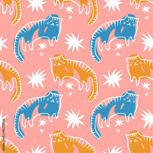 Doodle tigers childish cartoon groovy boho illustration naive funky handdrawn style art seamless pattern vector