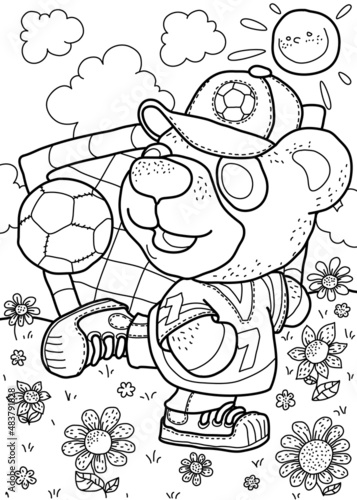 Colouring page with soccer bear on field