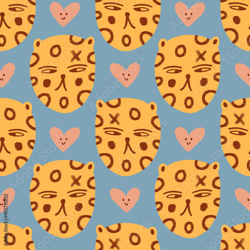 Doodle leopard faces childish cartoon groovy boho seamless pattern vector drawing 