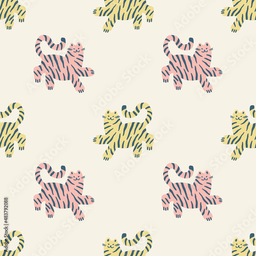 Doodle tigers childish cartoon groovy boho illustration naive funky handdrawn style art seamless pattern vector