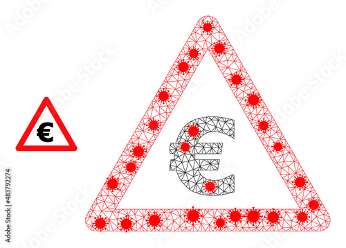 Mesh Euro warning with lockdown style. Mesh carcass Euro warning image in lowpoly style with organized linear items and red virus items.