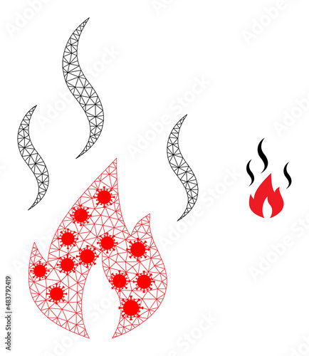 Mesh fire smoke with lockdown style. Polygonal wireframe fire smoke image in low poly style with structured linear items and red coronavirus items.