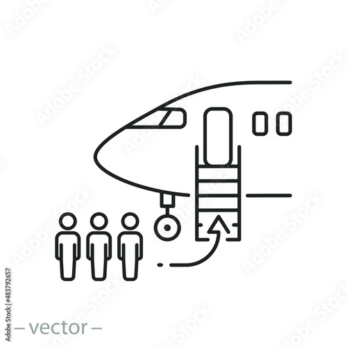 landing a passengers on a plane, icon, start airplane flight, airport service, thin line symbol on white background - editable stroke vector illustration eps10