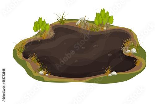 Dirty mud puddle, swamp with stone, grass in cartoon style isolated on white background. Natural wet soil, forest pond, lake clip art.  photo
