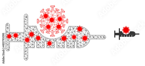 Polygonal virus vaccine in outbreak style. Polygonal wireframe virus vaccine image in low poly style with connected lines and red virus nodes.