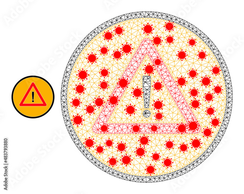 Mesh warning sign in lockdown style. Polygonal wireframe warning sign image in lowpoly style with combined linear items and red coronavirus centers.
