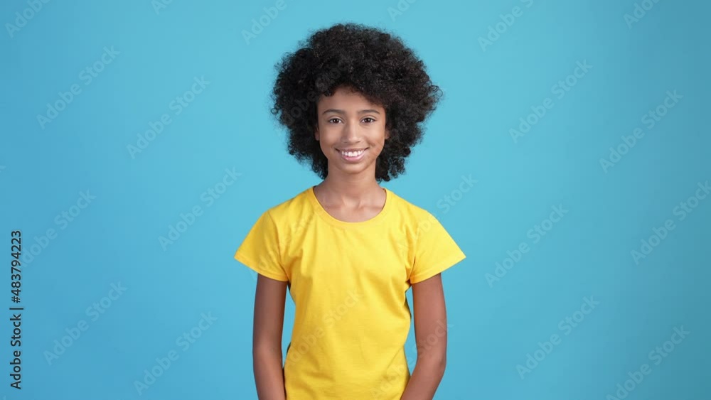 Kid girl approve agree mind decision isolated blue color background Kid girl approve agree mind decision isolated blue color background