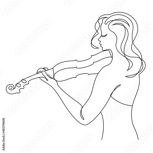 Silhouette of a beautiful woman with a violin in a modern continuous line style. Violinist girl, slender. Continuous line drawing, decor aesthetic outline, posters, stickers, logo. Vector illustration
