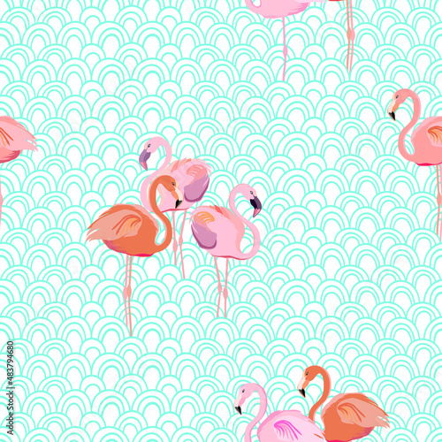 Seamless polka dot pattern with pink flamingo. Vector.
