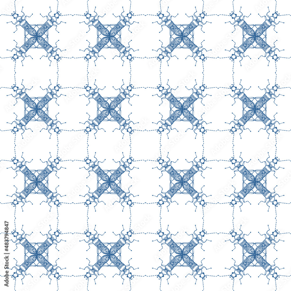 Fototapeta premium Seamless white and blue. The pattern consists of drawings of beetles. Vector.