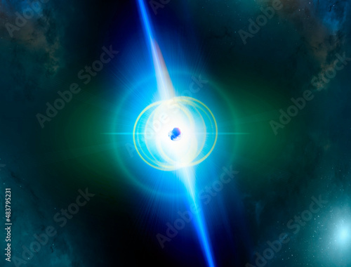 A magnetar is a type of neutron star believed to have an extremely powerful magnetic field. The magnetic-field decay powers the emission of high-energy electromagnetic radiation. 3d rendering
 photo