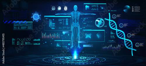 Medical orthopedics and healthcare examination with HUD interface. Hi-tech medical clinic with full body examination. Modern medical science. X-ray men body and HUD interface. Healthcare vector