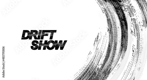 Drift background monochrome with texture wheel marks and drift in skidding, rounded tire marks. Vector isolated texture. Drift background illustration