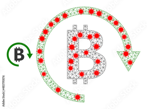 Mesh bitcoin repay using outbreak style. Mesh wireframe bitcoin repay image in lowpoly style with combined lines and red virus centers. Vector model is created from bitcoin repay with virus centers.