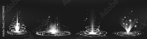 Holograms portals with ray, glow and heat effects. Fantastic circle teleports, podium, level up, magic portal, stage or hologram concept. Black and white Sci-fi technology for UI, game, presentation.