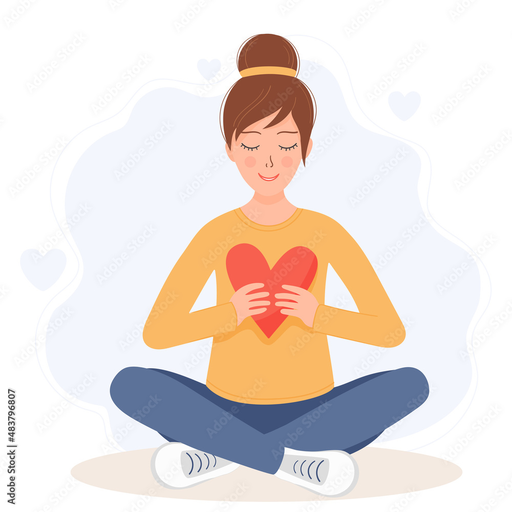 Dreamy woman whith hair bundle sits in a lotus pose and holds a heart shape in her hands. Flat illustration. Conceptual for Valentine's Day, love, love yourself, Mother's Day Dreamy woman whith hair bundle sits in a lotus pose and holds a heart shape in her hands. Flat illustration. Conceptual for Valentine's Day, love, love yourself, Mother's Day