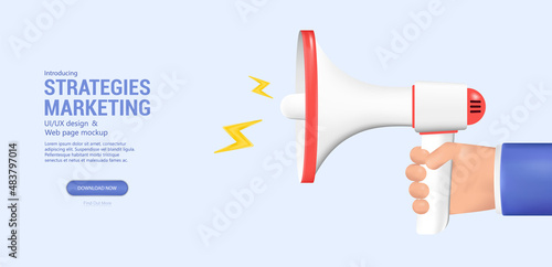 Loudspeaker in hand attraction and promotion concept, marketing time, symbols speaker, social media. 3D realistic hand and loudspeaker with lightning. Cartoon 3D realistic banner. Vector illustration
