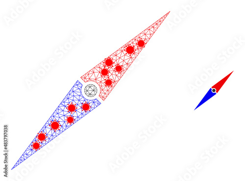 Polygonal compass arrow with infection style. Polygonal wireframe compass arrow image in low poly style with combined linear items and red virus nodes.