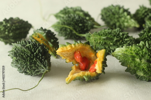 Bitter gourd, also known as pavakka or karela is a tropical vine that belongs to gourd family with bitter taste photo