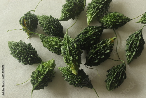 Foto Bitter melon, also known as bitter gourd or pavakka or karela is a tropical vine that belongs to the gourd family with bitter taste