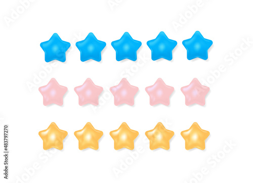 Five stars in 3d style and 3 different colors. Realistic 3D rating feedback stars, product or application evaluation, client about employee. Stars feedback for UI, UX, Web, App. Vector collection