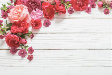 pink and red roses on white wooden background