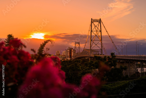 Hercilio luz cable stayed bridge with sunset tones in Florianopolis, Santa Catarina photo