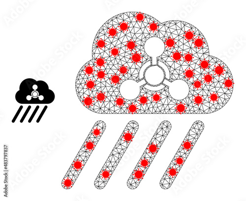 Net acid rain with lockdown style. Mesh wireframe acid rain image in low poly style with combined linear items and red covid items. Vector structure is created from acid rain with virus items.