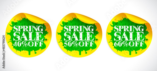 Spring sale stickers set. Grunge design concept style. Sale 40, 50, 60 percent off