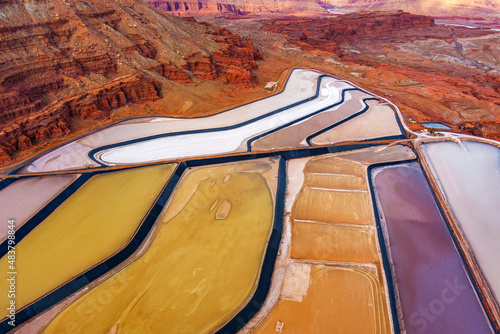Fotografie Aerial view of colorful ponds for settling potash from water