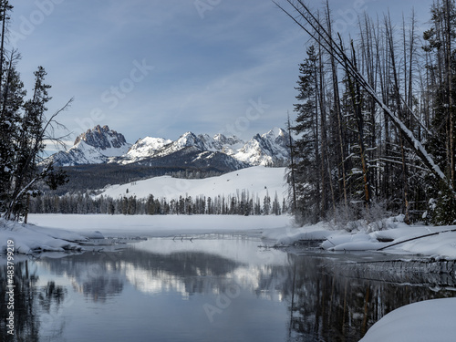 Little Redfish lake in winter with mountain backdrop