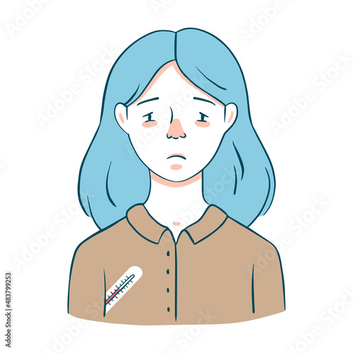 Portrait of a cold woman with runny nose and fever. A woman is holding a thermometer. The girl is sick with coronavirus or flu. 