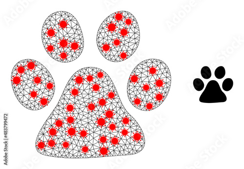 Polygonal paw print with lockdown style. Polygonal carcass paw print image in low poly style with structured lines and red virus items. Vector model is created from paw print with virus elements.