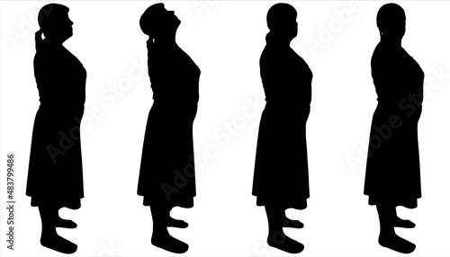 Line of women. Black female silhouette isolated on white background. Side view. A group of women is standing straight without moving, one behind the other. Summer women's outfit: skirt, blouse, dress.