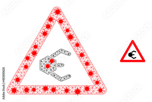 Network nanobot warning with lockdown style. Mesh carcass nanobot warning image in low poly style with connected linear items and red coronavirus items.