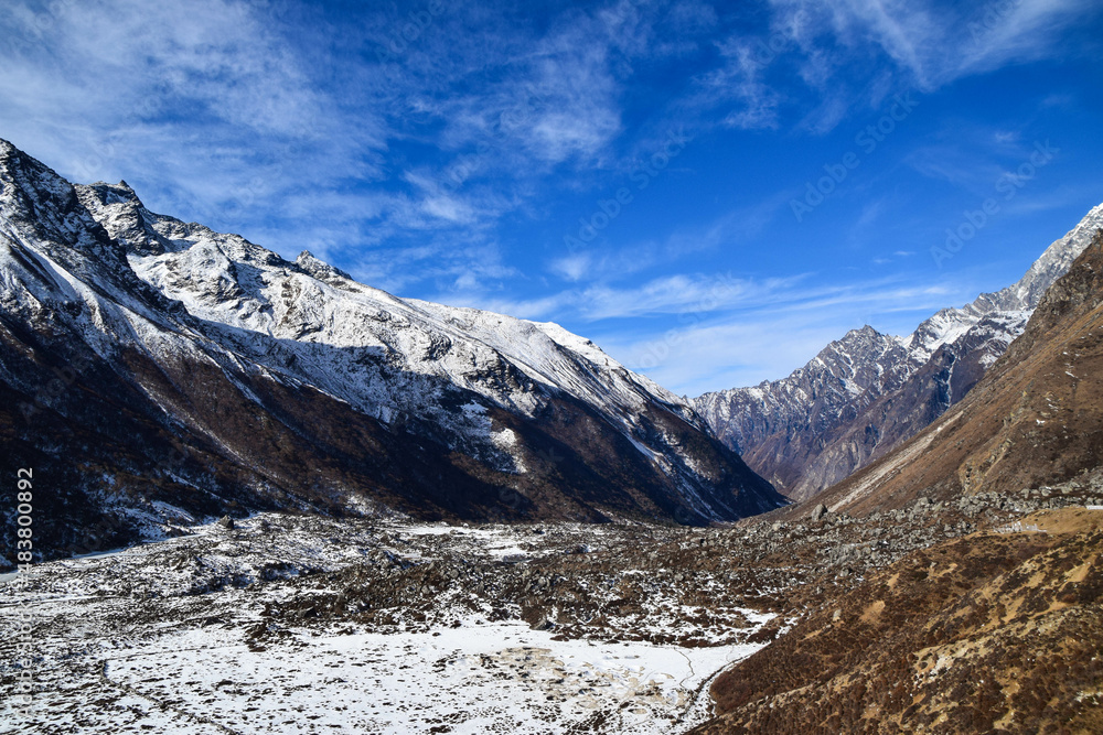 Himalaya mountains in Nepal. Tamang Heritage Trail and Langtang trek day 9 from Kyanjin Gumpa to Langtang