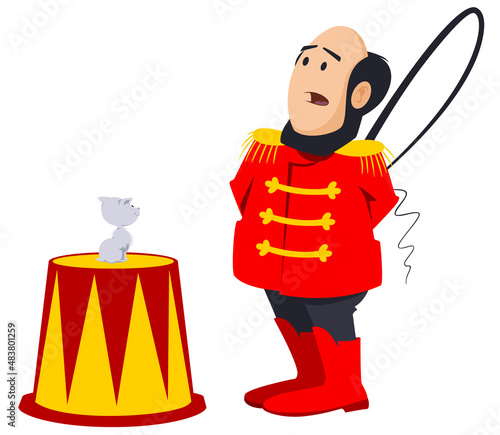 Circus tamer with small kitten. Illustration for internet and mobile website.