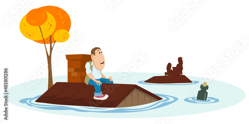 People sit on roofs of flooded houses. Illustration for internet and mobile website.