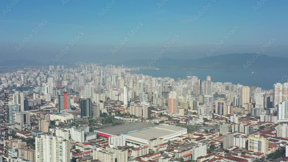 Aerial wide of Coastal City of Santos Sao Paulo Brazil. Popular beach travel destination of South Coastal of Sao Paulo. Tropical Travel and coastal scenery. Aerial wide of Coastal City of Santos Sao Paulo Brazil. Popular beach travel destination of South Coastal of Sao Paulo. Tropical Travel and coastal scenery.