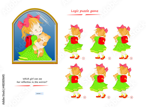 Logic puzzle game for children and adults. Which girl can see her reflection in the mirror? Page for brain teaser book. Developing kids spatial thinking. Task for attentiveness. Vector illustration.