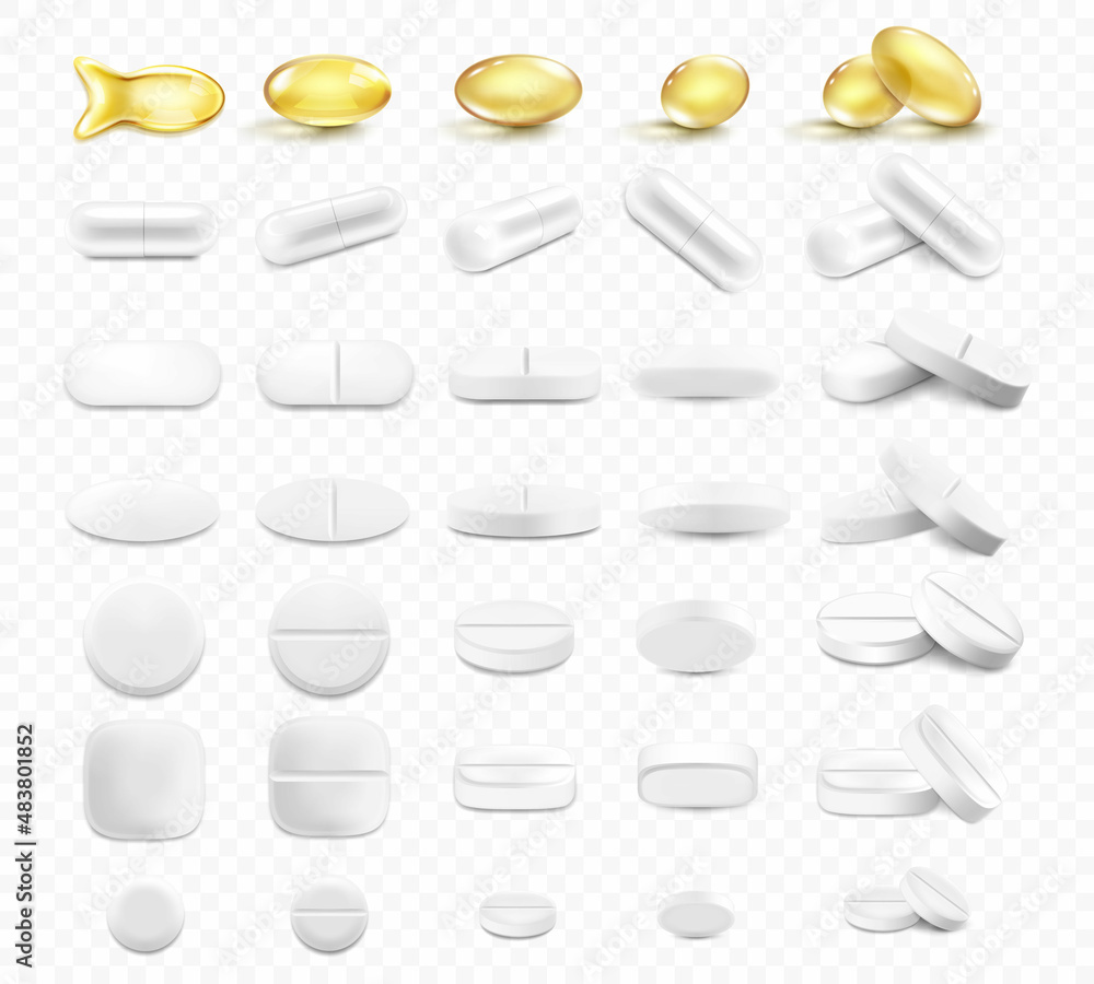 Medical pills and capsules set, isolated on a transparent background. Realistic 3d vector icons. Vitamins and antibiotics capsule, shiny golden yellow fish oil tablets - obrazy, fototapety, plakaty 