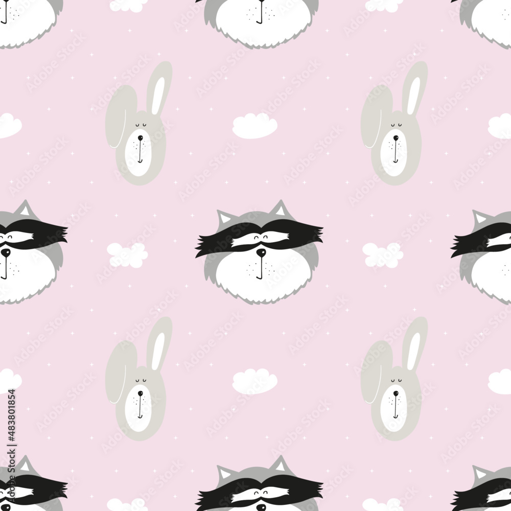 Cute pattern with rabbit and raccoon. Hand drawn illustration.