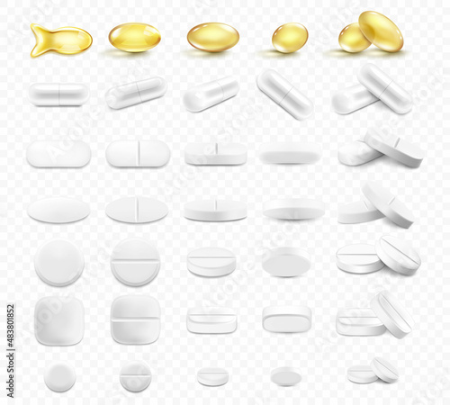 Medical pills and capsules set, isolated on a transparent background. Realistic 3d vector icons. Vitamins and antibiotics capsule, shiny golden yellow fish oil tablets