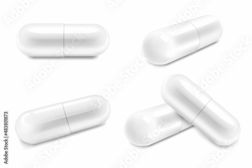 White Medical Pills or Capsules icon set closeup, isolated on transparent background. Design Template of Pills, Capsules for Graphics, Mockup. Vector 3d Realistic illustration