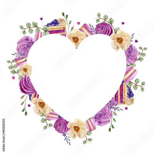 Fototapeta Naklejka Na Ścianę i Meble -  Watercolor bakery heart wreath logo with cupcakes, macarons and flowers. Watercolor baking illustrations in pink colors. Isolated elements on white background.