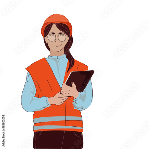 Young woman in a vest and hard hat holds a tablet. Woman worker, engineer, builder, vector illustration isolated on white background.Professional work job occupation.